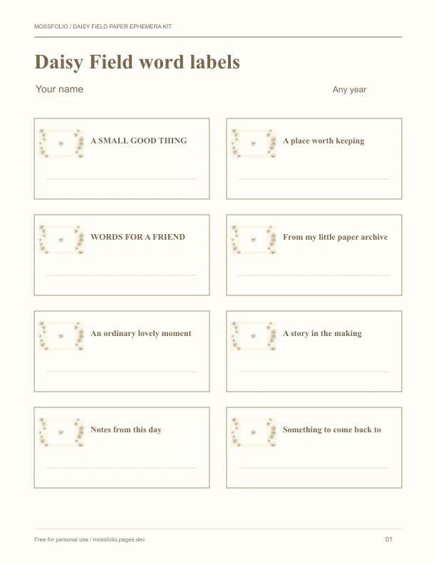 First page of Daisy Field Paper Ephemera Kit; four-page free printable PDF