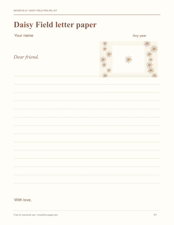 First page of Daisy Field Pen Pal Kit; four-page free printable PDF