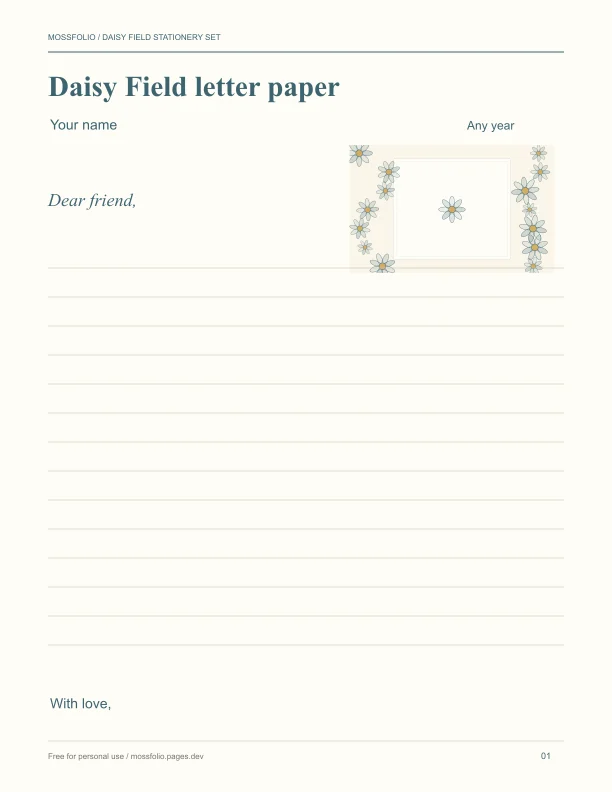 First page of Daisy Field Stationery Set; four-page free printable PDF