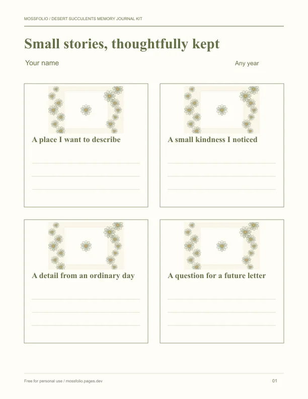 First page of Desert Succulents Memory Journal Kit; four-page free printable PDF