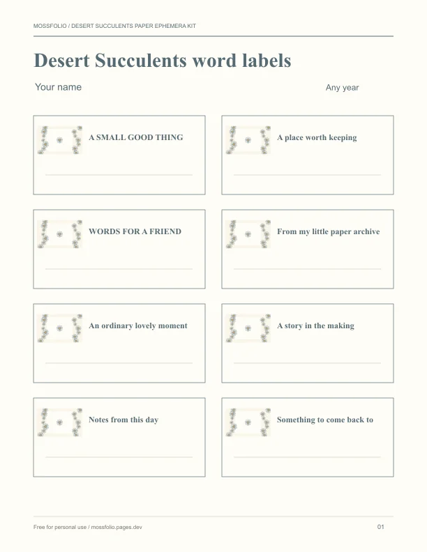 First page of Desert Succulents Paper Ephemera Kit; four-page free printable PDF