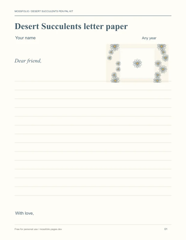 First page of Desert Succulents Pen Pal Kit; four-page free printable PDF