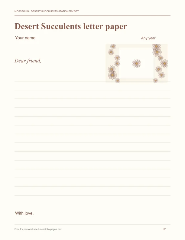 First page of Desert Succulents Stationery Set; four-page free printable PDF