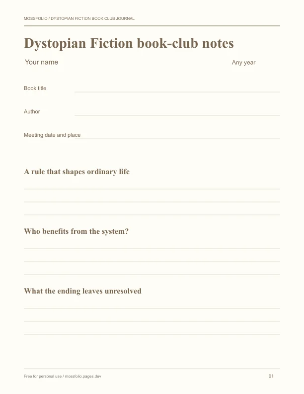 First page of Dystopian Fiction Book Club Journal; four-page free printable PDF