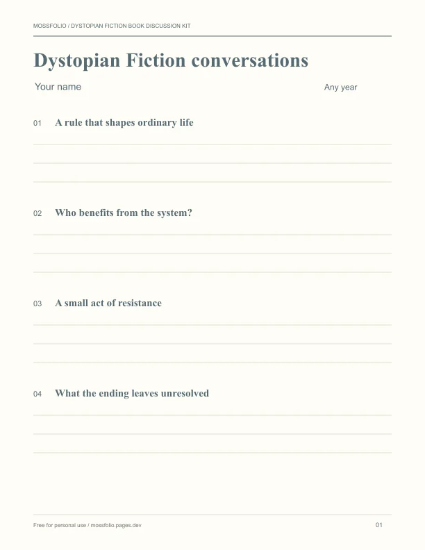 First page of Dystopian Fiction Book Discussion Kit; four-page free printable PDF
