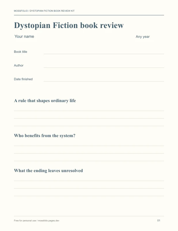 First page of Dystopian Fiction Book Review Kit; four-page free printable PDF