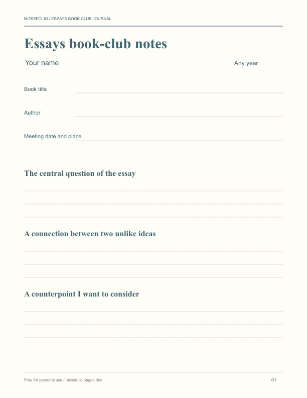 First page of Essays Book Club Journal; four-page free printable PDF