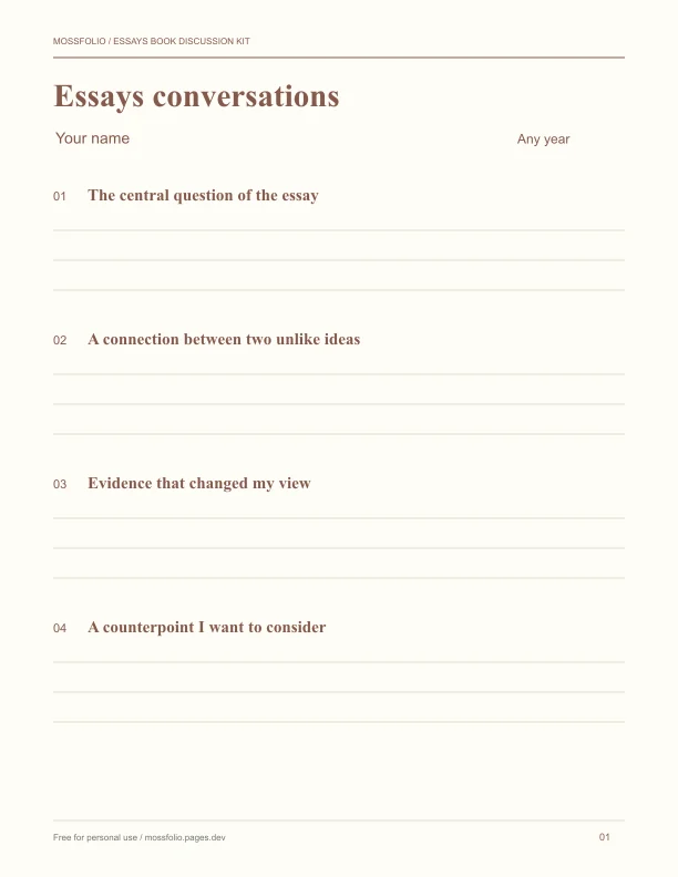 First page of Essays Book Discussion Kit; four-page free printable PDF