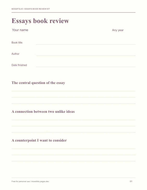 First page of Essays Book Review Kit; four-page free printable PDF