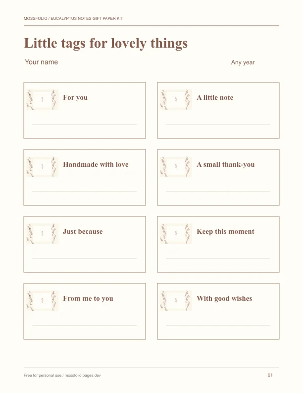 First page of Eucalyptus Notes Gift Paper Kit; four-page free printable PDF