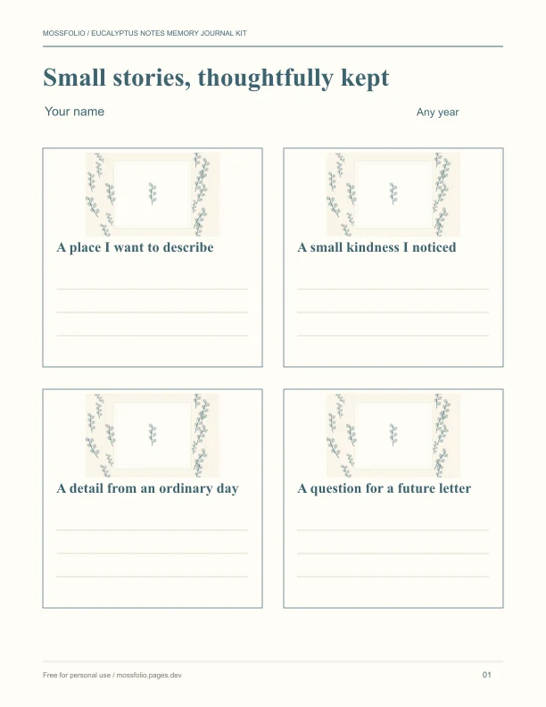 First page of Eucalyptus Notes Memory Journal Kit; four-page free printable PDF