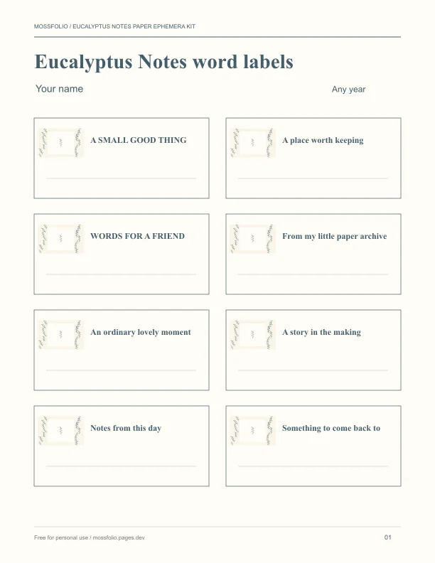 First page of Eucalyptus Notes Paper Ephemera Kit; four-page free printable PDF