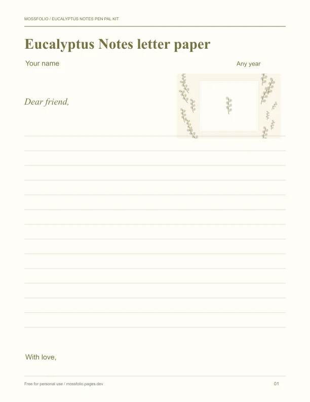First page of Eucalyptus Notes Pen Pal Kit; four-page free printable PDF