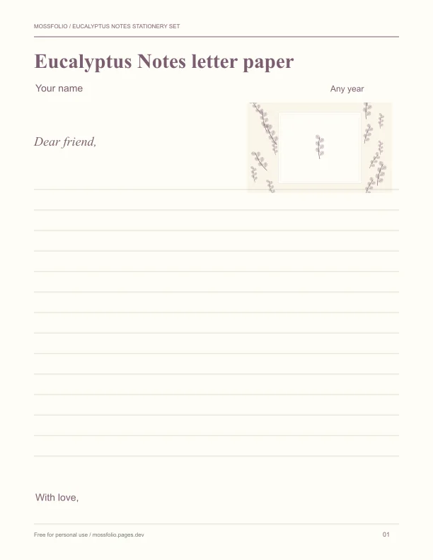 First page of Eucalyptus Notes Stationery Set; four-page free printable PDF