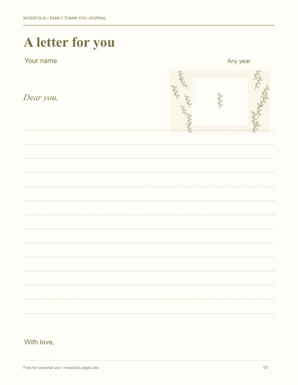 First page of Family Thank You Journal; four-page free printable PDF