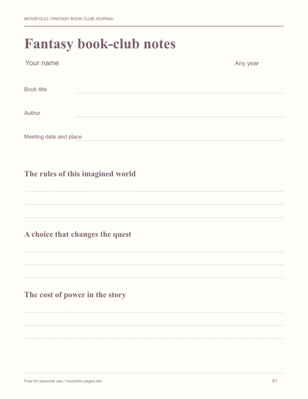 First page of Fantasy Book Club Journal; four-page free printable PDF