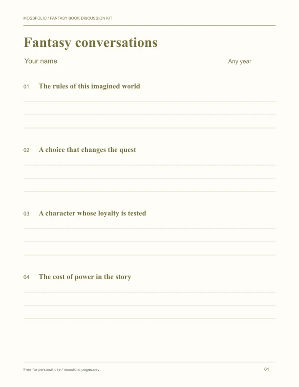First page of Fantasy Book Discussion Kit; four-page free printable PDF