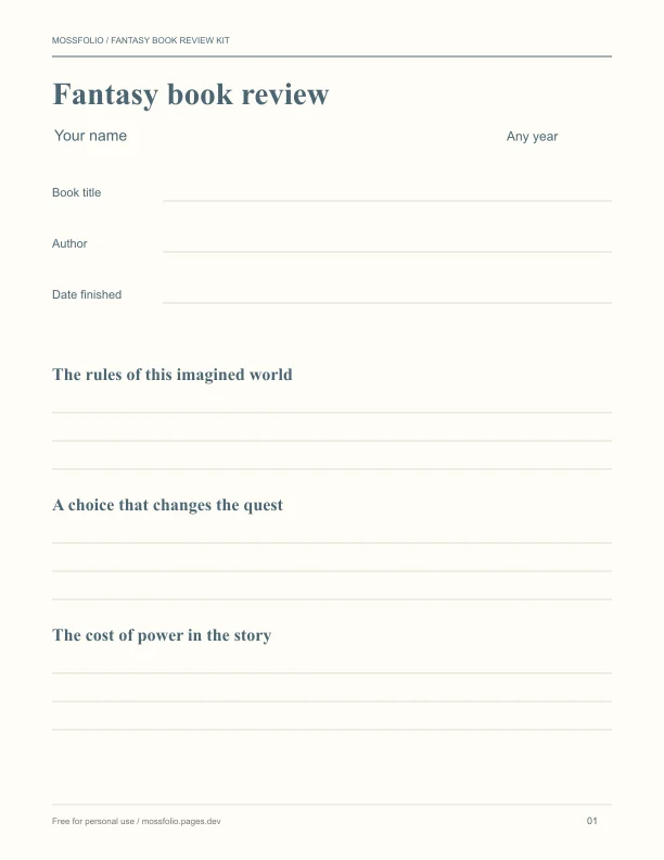 First page of Fantasy Book Review Kit; four-page free printable PDF