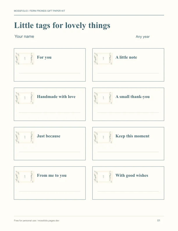 First page of Fern Fronds Gift Paper Kit; four-page free printable PDF