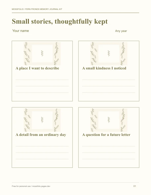 First page of Fern Fronds Memory Journal Kit; four-page free printable PDF