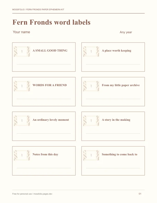 First page of Fern Fronds Paper Ephemera Kit; four-page free printable PDF