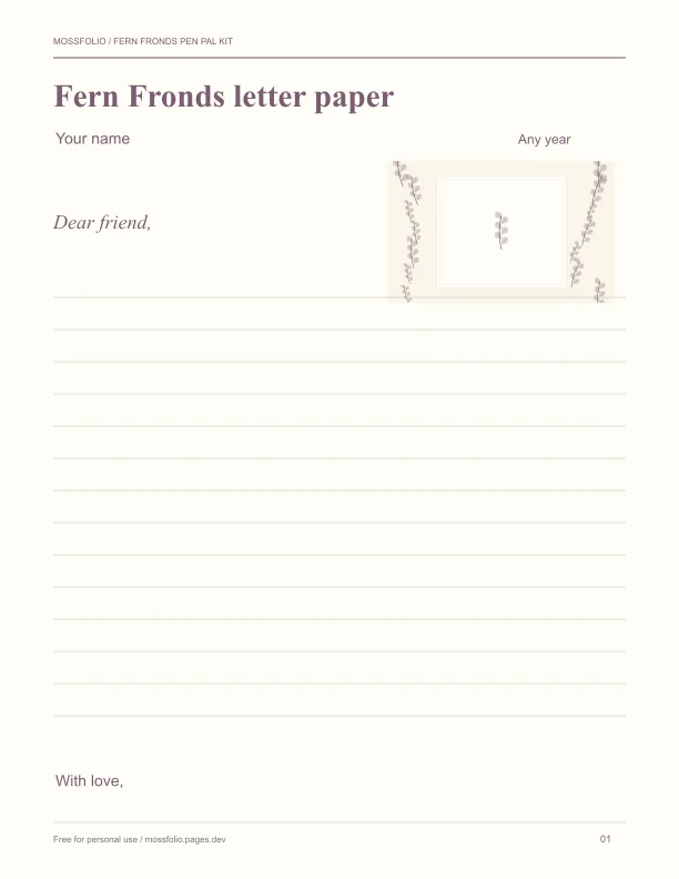 First page of Fern Fronds Pen Pal Kit; four-page free printable PDF