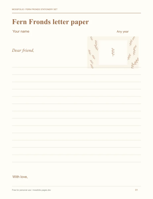 First page of Fern Fronds Stationery Set; four-page free printable PDF