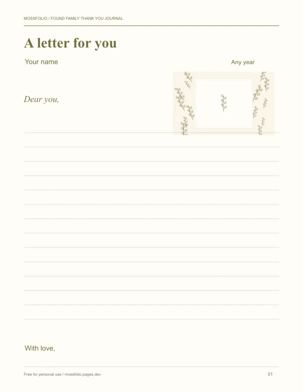 First page of Found Family Thank You Journal; four-page free printable PDF