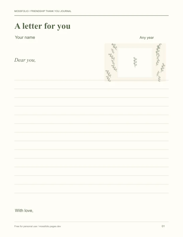 First page of Friendship Thank You Journal; four-page free printable PDF