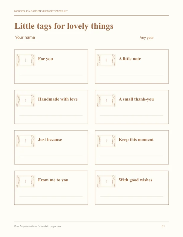 First page of Garden Vines Gift Paper Kit; four-page free printable PDF