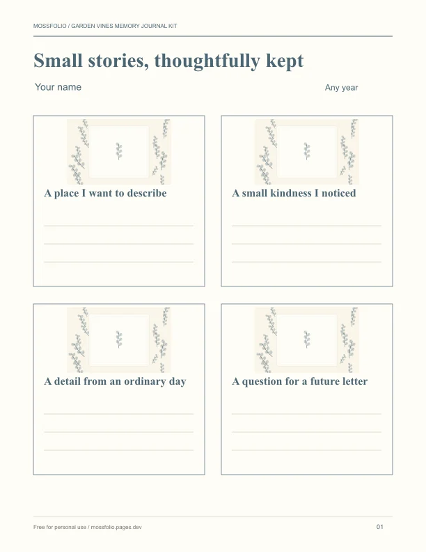 First page of Garden Vines Memory Journal Kit; four-page free printable PDF
