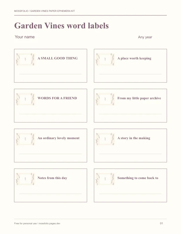 First page of Garden Vines Paper Ephemera Kit; four-page free printable PDF