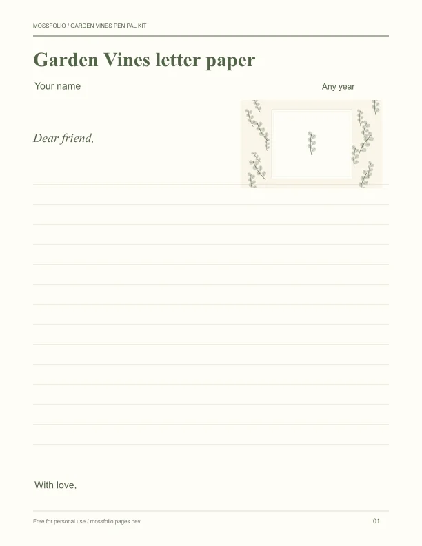 First page of Garden Vines Pen Pal Kit; four-page free printable PDF