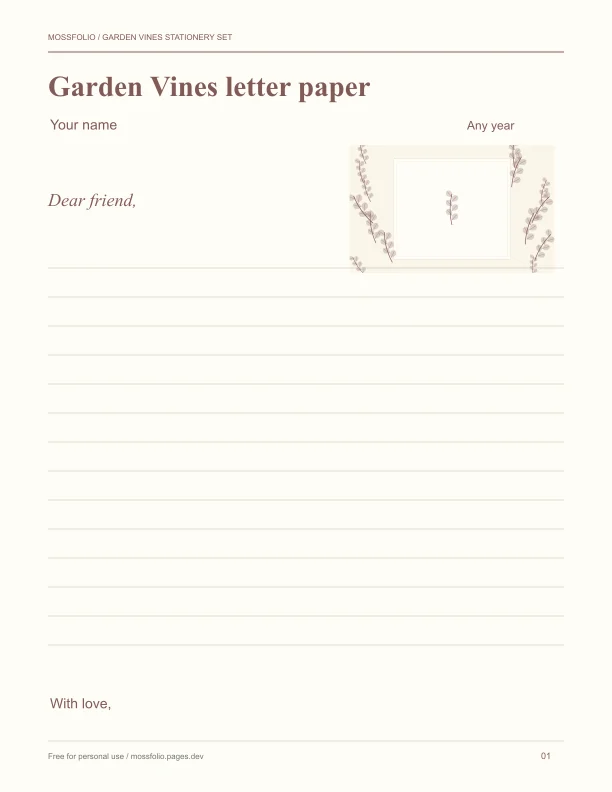 First page of Garden Vines Stationery Set; four-page free printable PDF