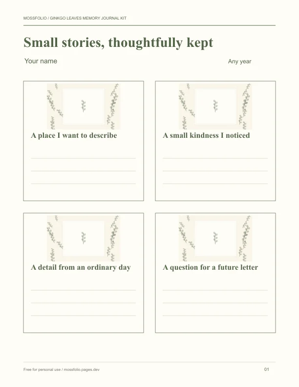 First page of Ginkgo Leaves Memory Journal Kit; four-page free printable PDF
