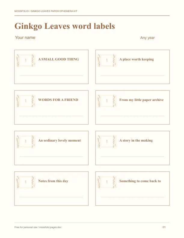 First page of Ginkgo Leaves Paper Ephemera Kit; four-page free printable PDF
