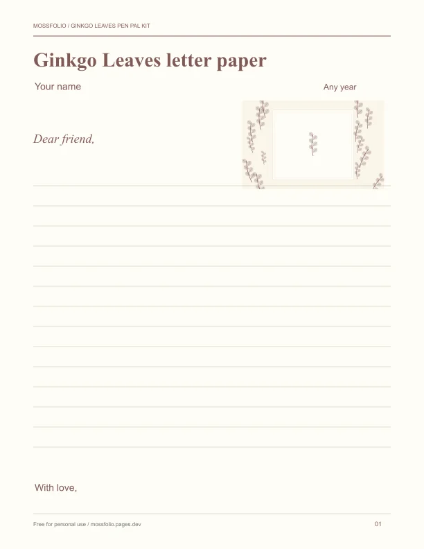 First page of Ginkgo Leaves Pen Pal Kit; four-page free printable PDF