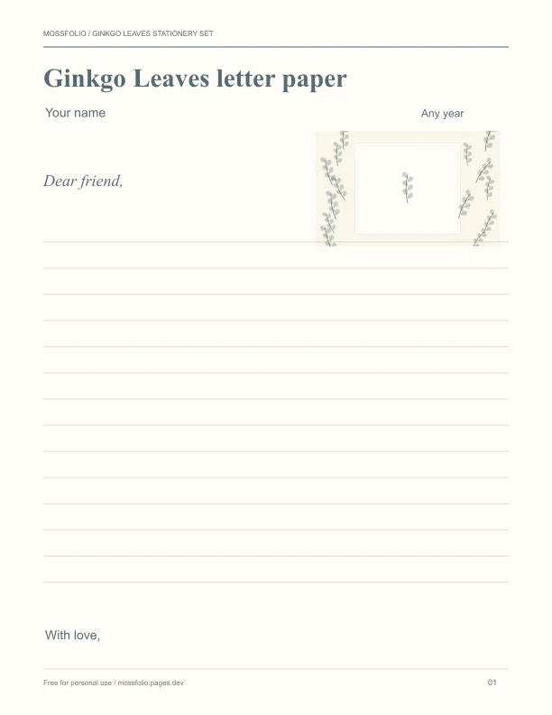 First page of Ginkgo Leaves Stationery Set; four-page free printable PDF