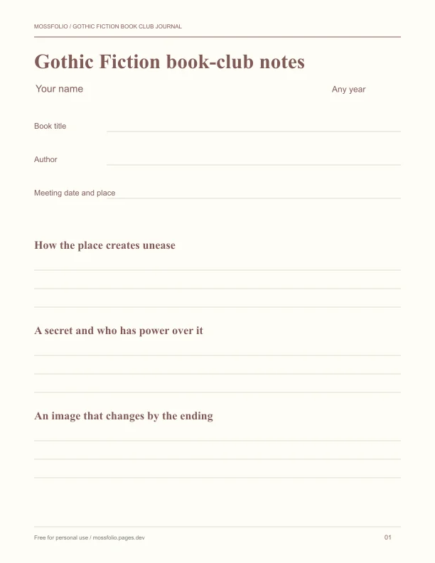 First page of Gothic Fiction Book Club Journal; four-page free printable PDF