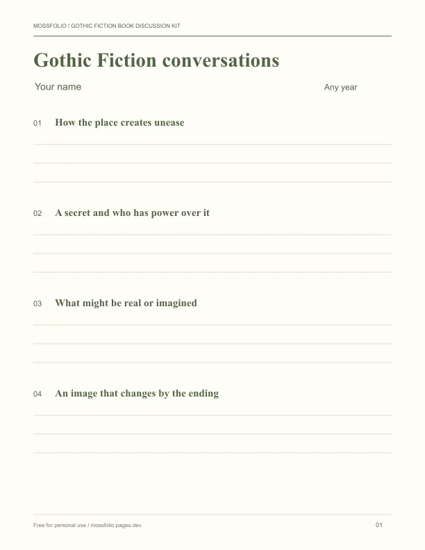 First page of Gothic Fiction Book Discussion Kit; four-page free printable PDF