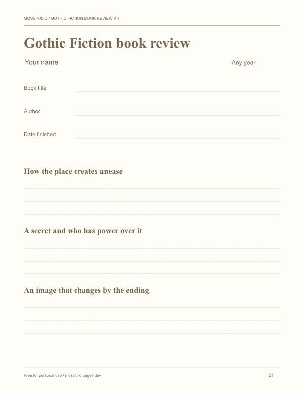 First page of Gothic Fiction Book Review Kit; four-page free printable PDF