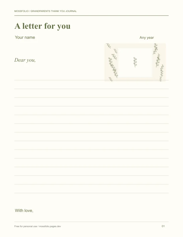 First page of Grandparents Thank You Journal; four-page free printable PDF