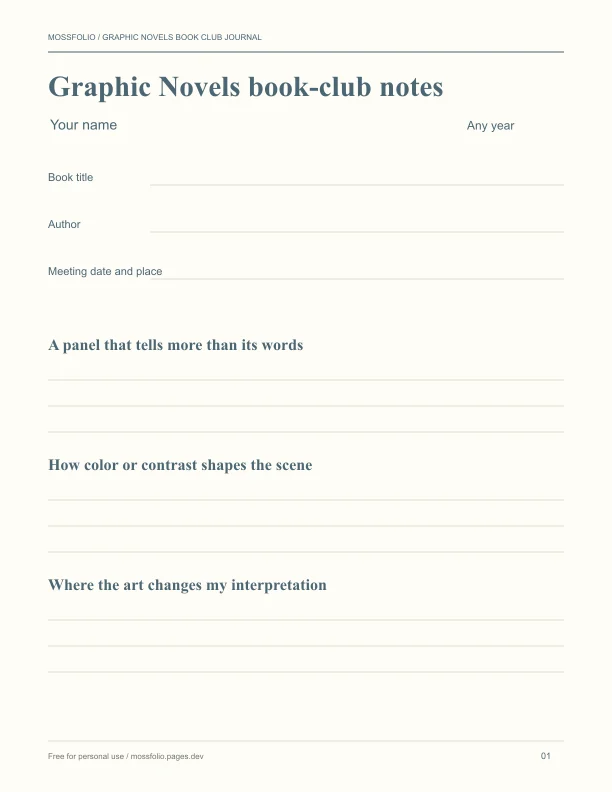 First page of Graphic Novels Book Club Journal; four-page free printable PDF