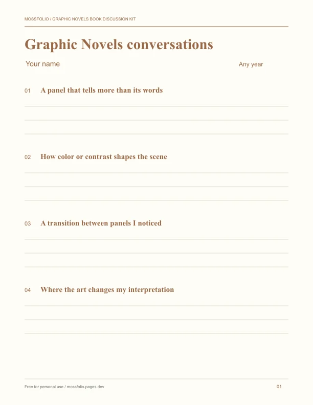 First page of Graphic Novels Book Discussion Kit; four-page free printable PDF