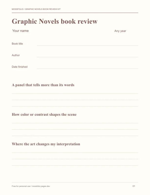First page of Graphic Novels Book Review Kit; four-page free printable PDF
