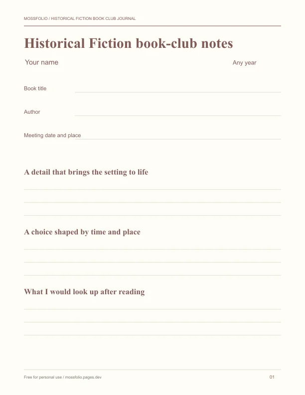 First page of Historical Fiction Book Club Journal; four-page free printable PDF