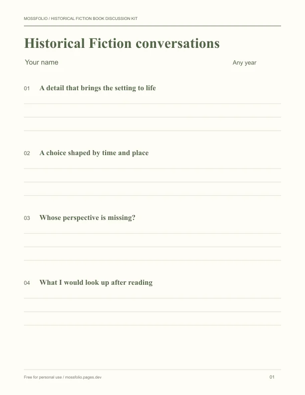 First page of Historical Fiction Book Discussion Kit; four-page free printable PDF