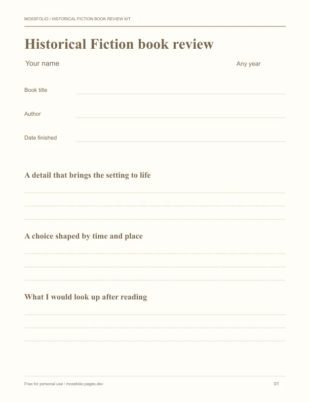 First page of Historical Fiction Book Review Kit; four-page free printable PDF