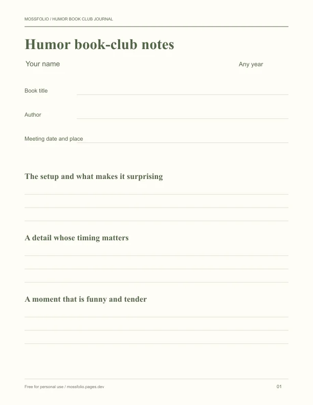 First page of Humor Book Club Journal; four-page free printable PDF
