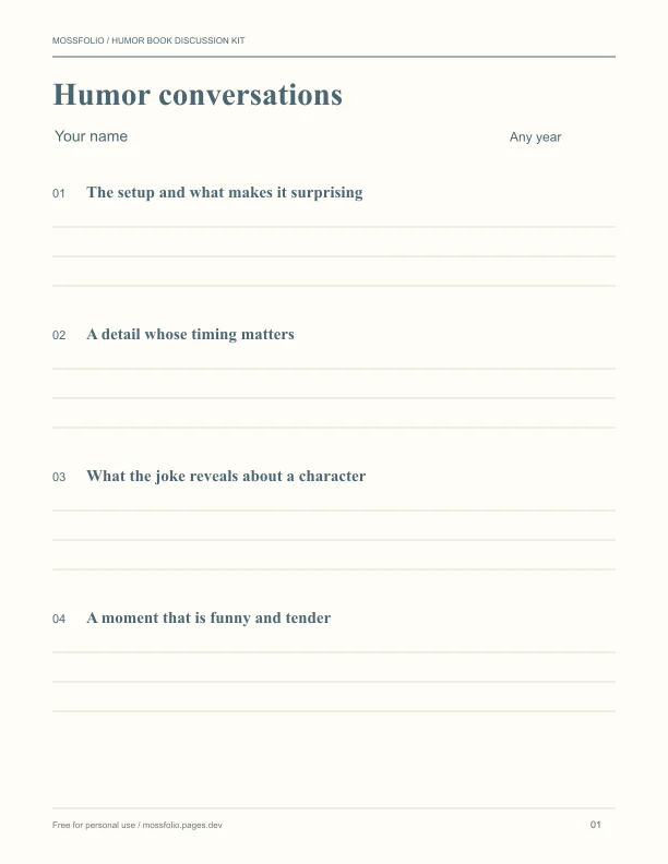 First page of Humor Book Discussion Kit; four-page free printable PDF